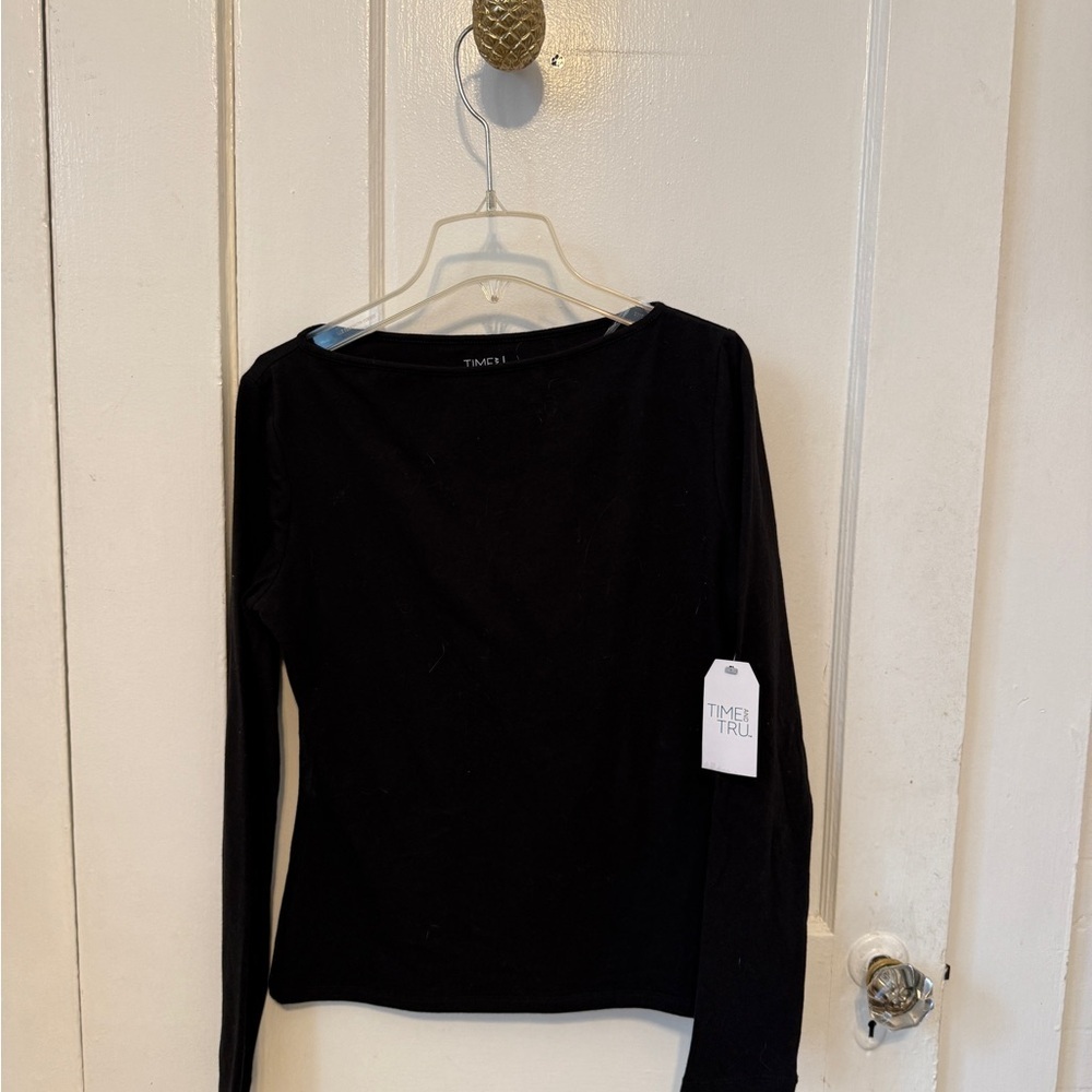Time and Tru Black Long-Sleeve Boatneck Top